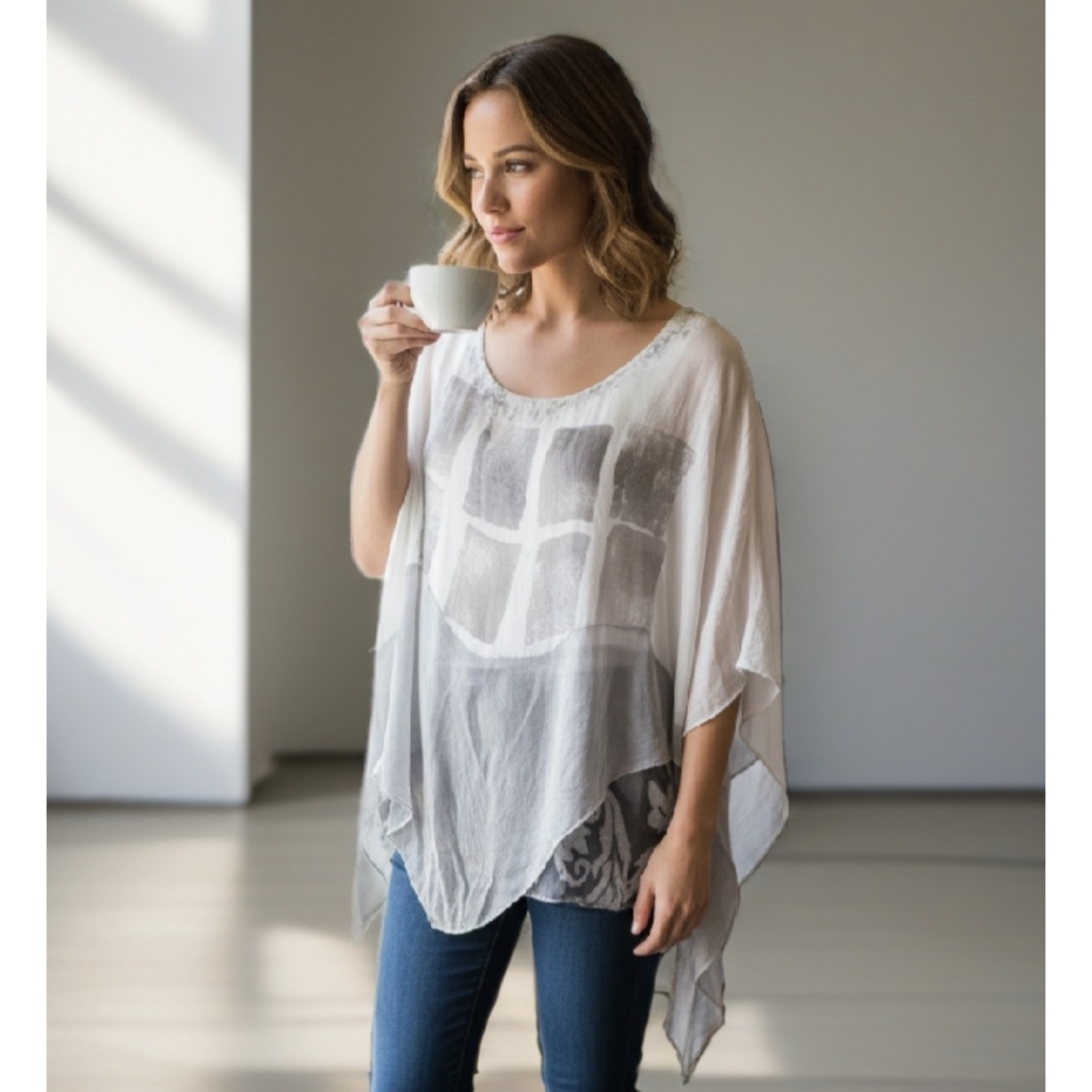 Stunning Hand Dyed Scandal Watercolor Sheer Silk Overlay Italian Boho Blouse — image 6 of 6